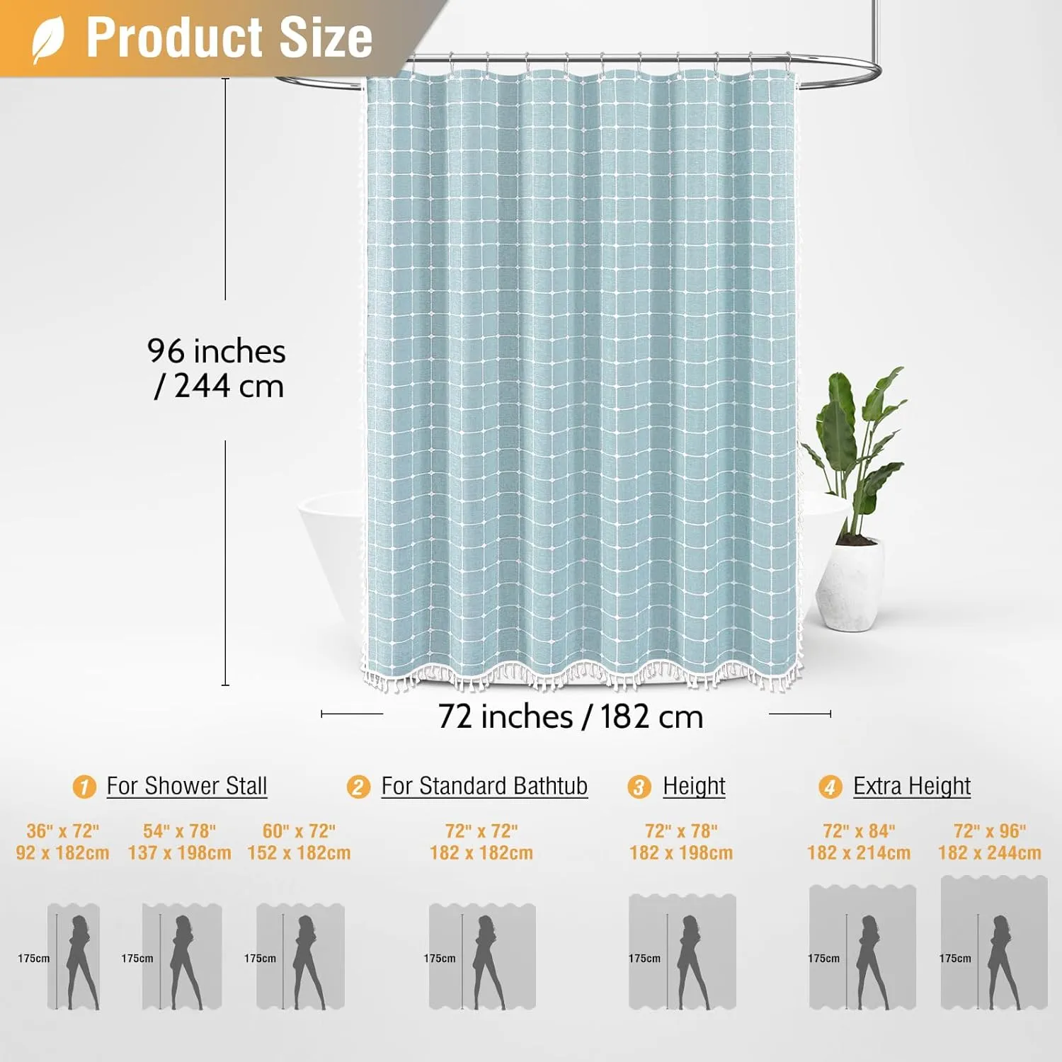 BTTN Extra Long Shower Curtain - 72x96 Inch Long Boho Chic Linen Fabric Heavy Duty Shower Curtain Set with Hooks, Tall Bohemian Farmhouse Shabby Chic Tassel Shower Curtains for Bathroom - Fog Blue