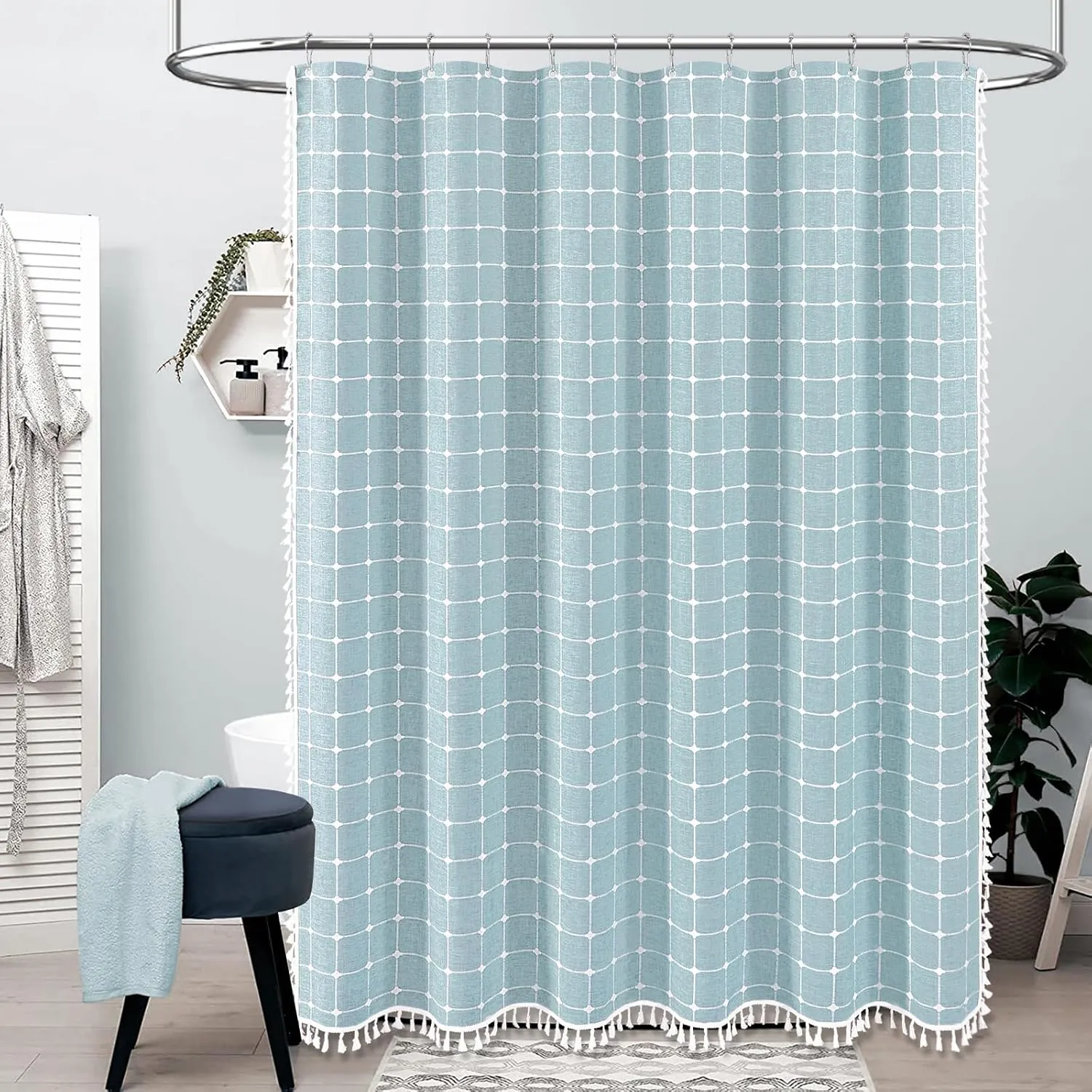 BTTN Extra Long Shower Curtain - 72x96 Inch Long Boho Chic Linen Fabric Heavy Duty Shower Curtain Set with Hooks, Tall Bohemian Farmhouse Shabby Chic Tassel Shower Curtains for Bathroom - Fog Blue