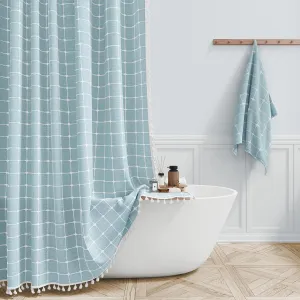 BTTN Extra Long Shower Curtain - 72x96 Inch Long Boho Chic Linen Fabric Heavy Duty Shower Curtain Set with Hooks, Tall Bohemian Farmhouse Shabby Chic Tassel Shower Curtains for Bathroom - Fog Blue