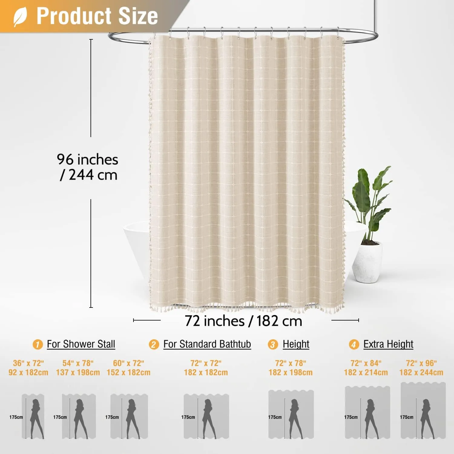 BTTN Extra Long Shower Curtain - 72x96 Inch Long Boho Chic Linen Fabric Heavy Duty Shower Curtain Set with Plastic Hooks, Tall Farmhouse Aesthetic Cute Tassel Shower Curtains for Bathroom, Cream/Beige