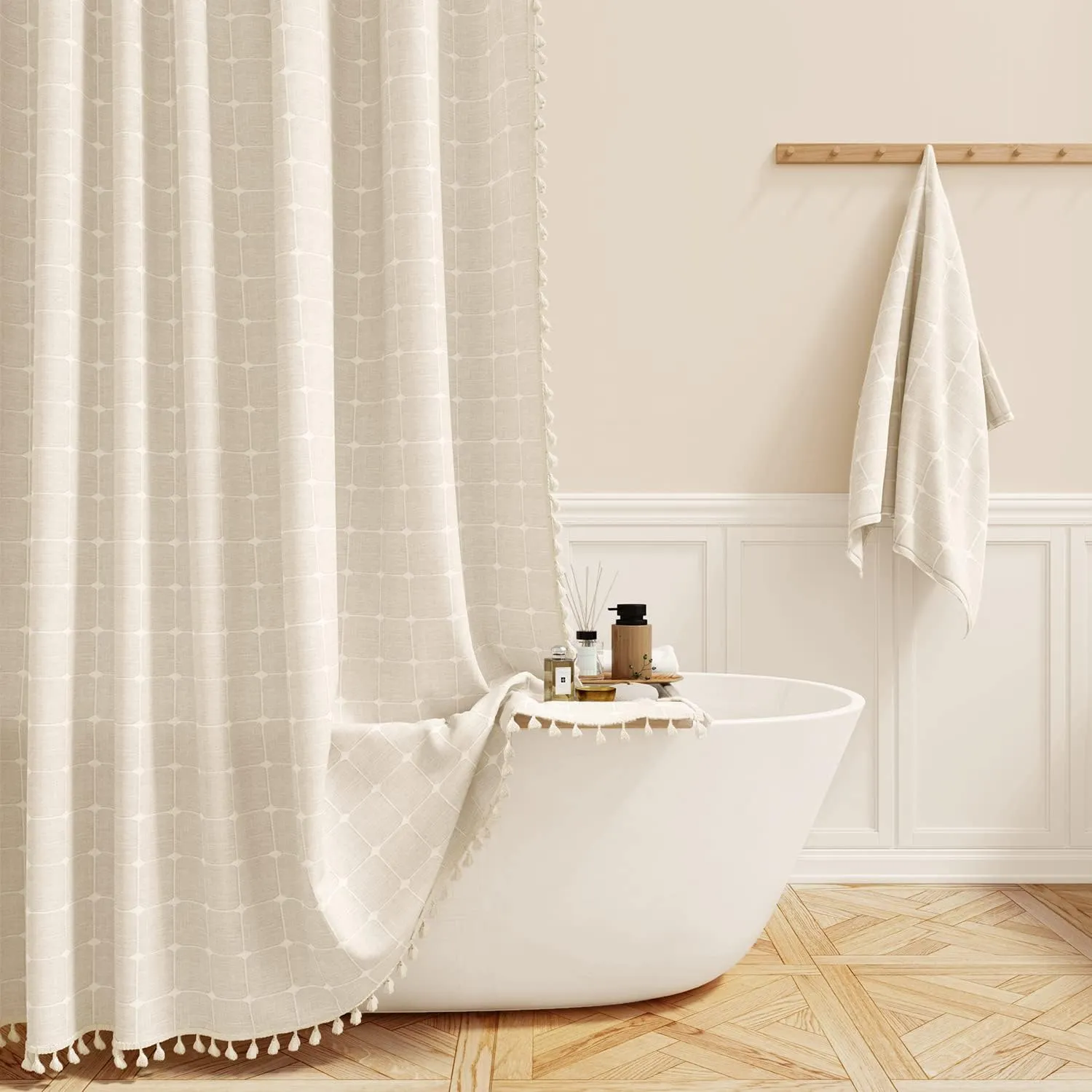BTTN Extra Long Shower Curtain - 72x96 Inch Long Boho Chic Linen Fabric Heavy Duty Shower Curtain Set with Plastic Hooks, Tall Farmhouse Aesthetic Cute Tassel Shower Curtains for Bathroom, Cream/Beige