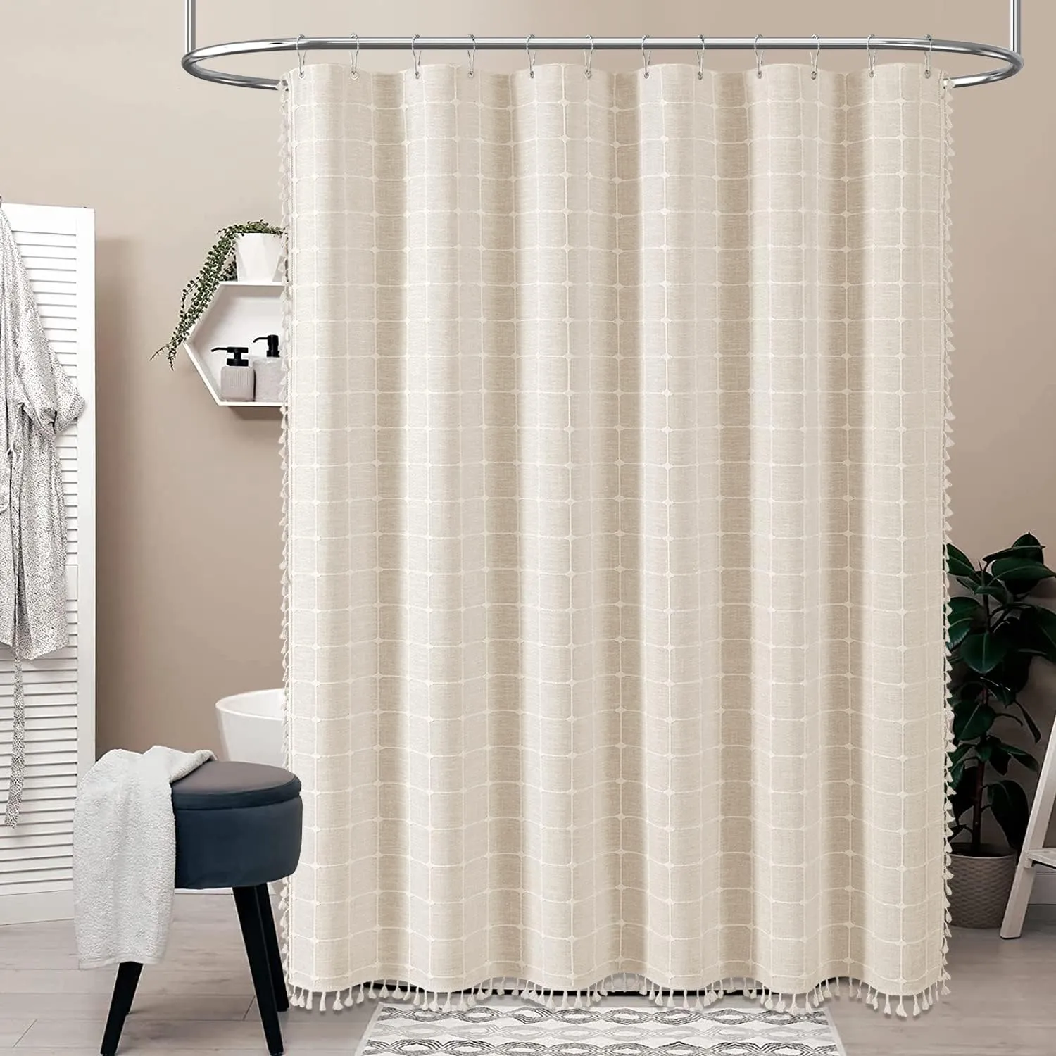 BTTN Extra Long Shower Curtain - 72x96 Inch Long Boho Chic Linen Fabric Heavy Duty Shower Curtain Set with Plastic Hooks, Tall Farmhouse Aesthetic Cute Tassel Shower Curtains for Bathroom, Cream/Beige
