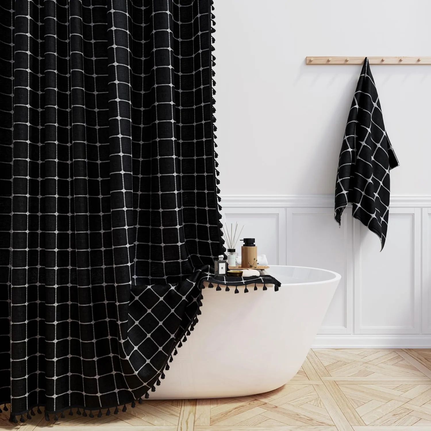 BTTN Extra Long Shower Curtain - 72x96 Inch Long Boho Linen Fabric Heavy Duty Shower Curtain Set with Plastic Hooks, Tall Farmhouse Aesthetic Cute Tassel Shower Curtains for Bathroom, Black and White