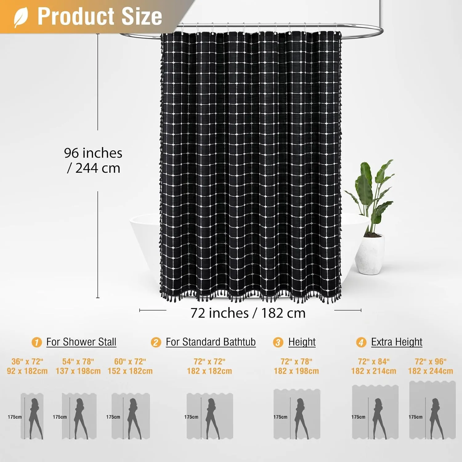 BTTN Extra Long Shower Curtain - 72x96 Inch Long Boho Linen Fabric Heavy Duty Shower Curtain Set with Plastic Hooks, Tall Farmhouse Aesthetic Cute Tassel Shower Curtains for Bathroom, Black and White