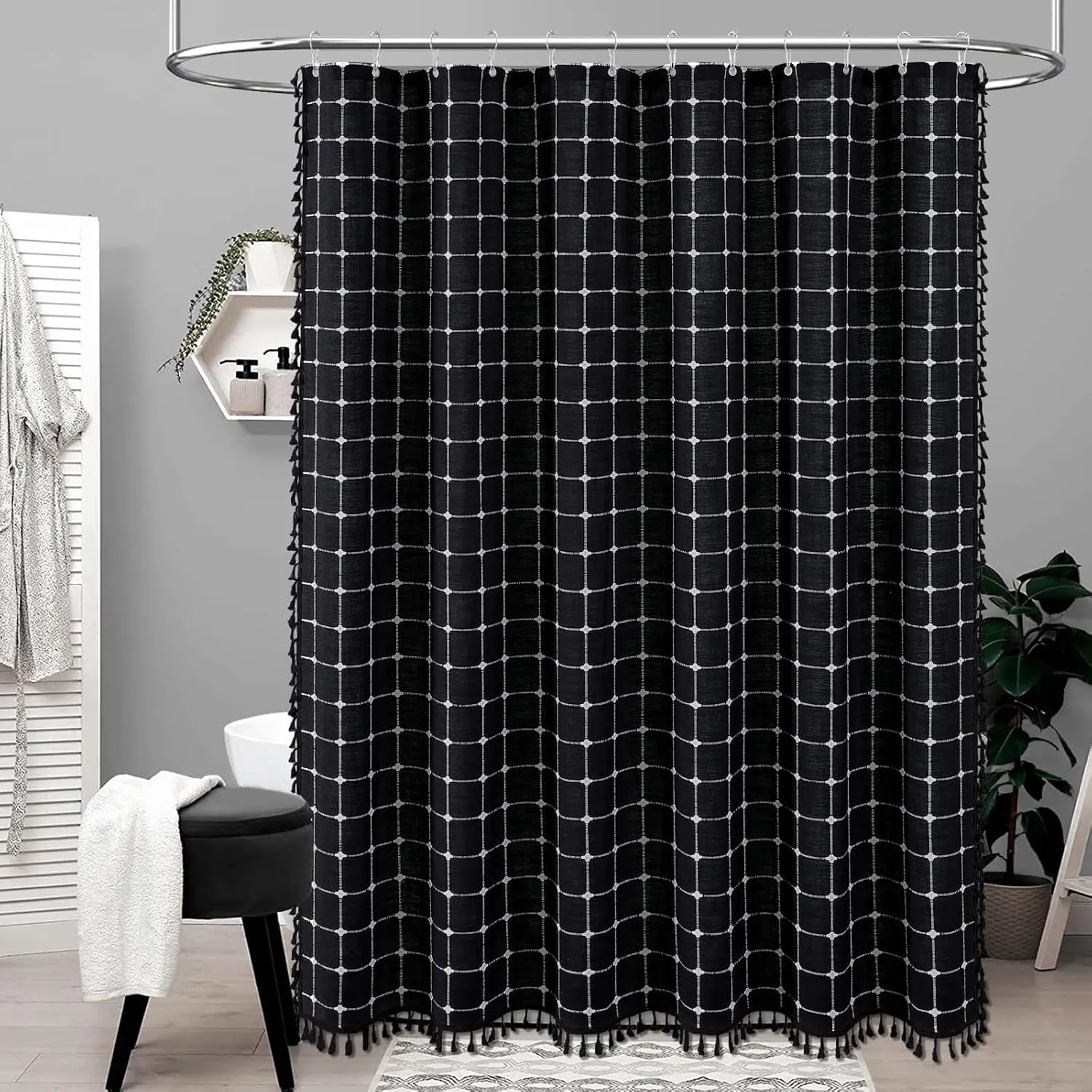 BTTN Extra Long Shower Curtain - 72x96 Inch Long Boho Linen Fabric Heavy Duty Shower Curtain Set with Plastic Hooks, Tall Farmhouse Aesthetic Cute Tassel Shower Curtains for Bathroom, Black and White