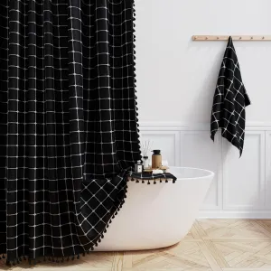BTTN Extra Long Shower Curtain - 72x96 Inch Long Boho Linen Fabric Heavy Duty Shower Curtain Set with Plastic Hooks, Tall Farmhouse Aesthetic Cute Tassel Shower Curtains for Bathroom, Black and White