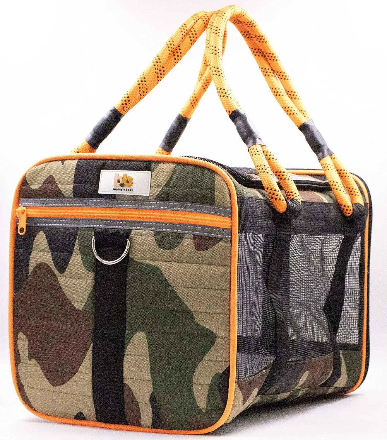 Buddy's Best Airline Approved Pet Carrier – Army Camo & Orange for Dog or Cat, Fits Under Seat, TSA Compliant, Ventilated Mesh Design w/Waterproof Base & Reflective Strips