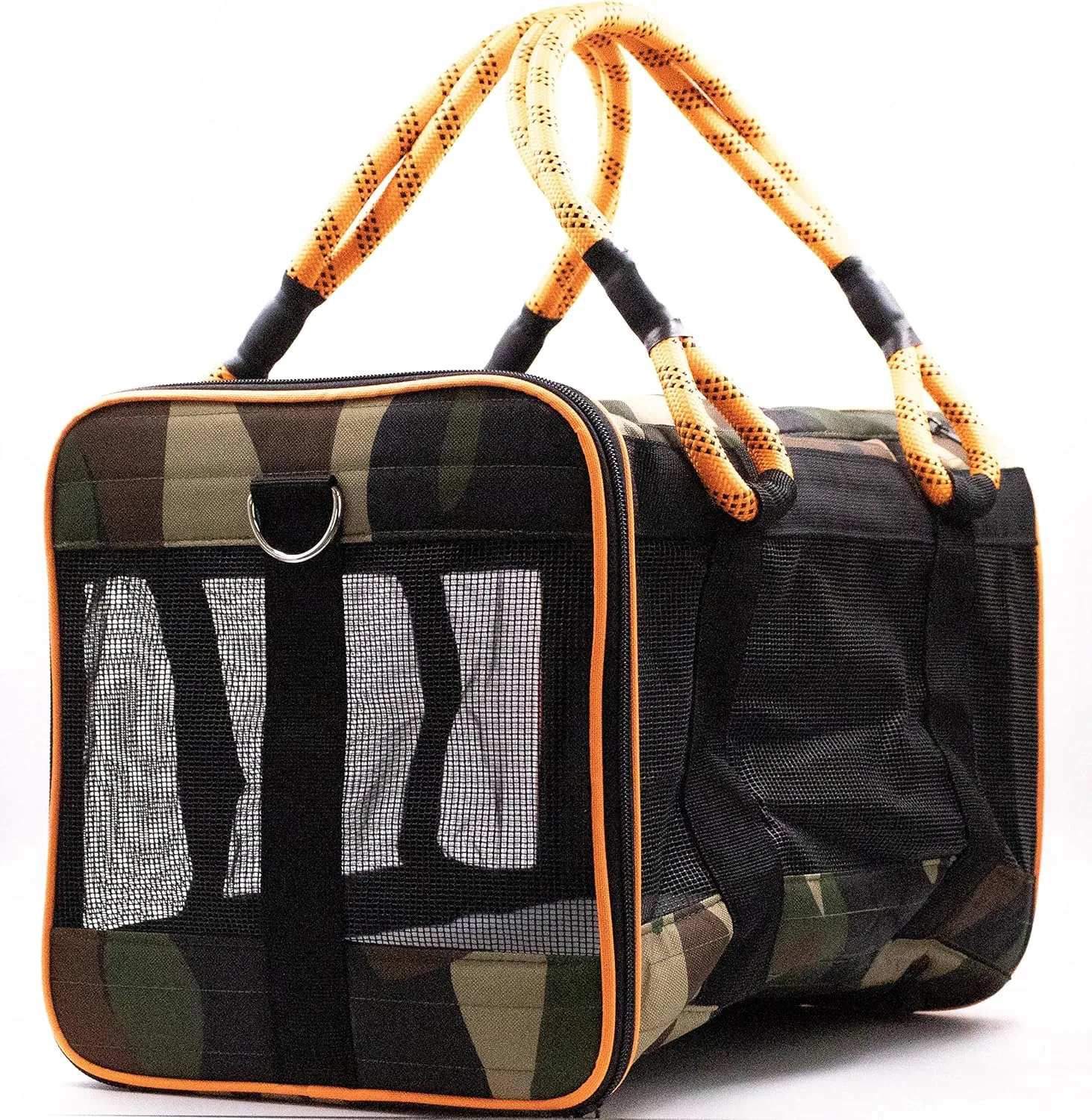 Buddy's Best Airline Approved Pet Carrier – Army Camo & Orange for Dog or Cat, Fits Under Seat, TSA Compliant, Ventilated Mesh Design w/Waterproof Base & Reflective Strips