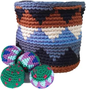 Buena ONDA Hacky Sack Mini Bag Toss Game - Canasta Ball Yippi Yappa Kit - Crocheted Mini Bag Toss Game for Kids and Adults - Color Coded Balls with Basket, Indoor/Outdoor Play - Banda