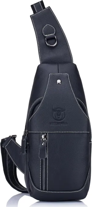 BULLCAPTAIN Genuine Leather Men Bags Shoulder Sling Crossbody Bag Casual Mens Chest Bag Travel Hiking Backpack (Black)