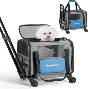 BurgeonNest Cat Carrier with Wheels, Airline Approved Pet Carrier for Dogs 15 lbs with Telescopic Handle, Small Dog Bag with Wheels Removable, Soft Rolling Cat Purse with Large Pocket