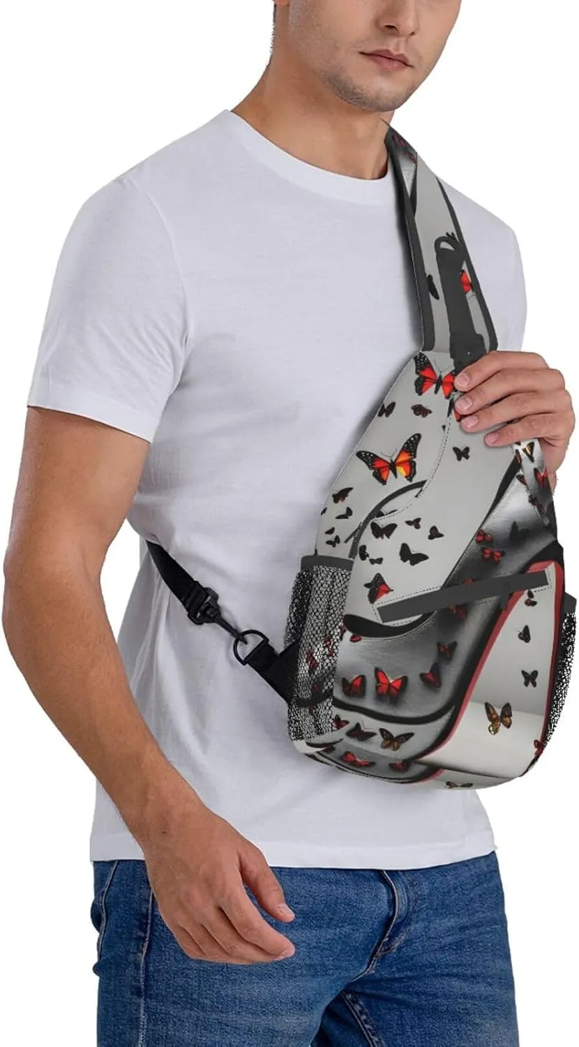 Butterfly High Heel Print Sling Backpack, Sling Bag, Crossbody Chest Bag Daypack, for Hiking Travel