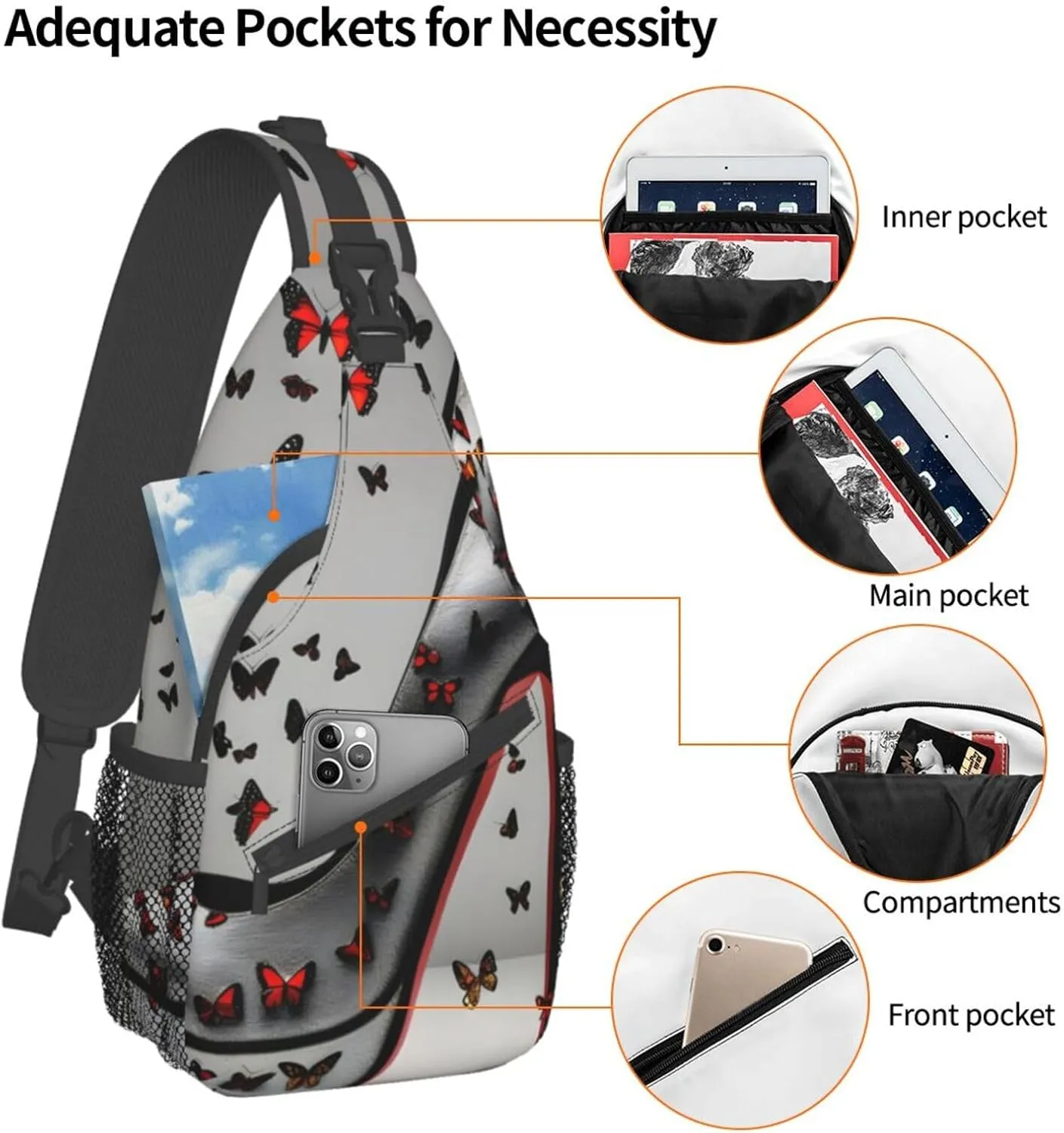 Butterfly High Heel Print Sling Backpack, Sling Bag, Crossbody Chest Bag Daypack, for Hiking Travel