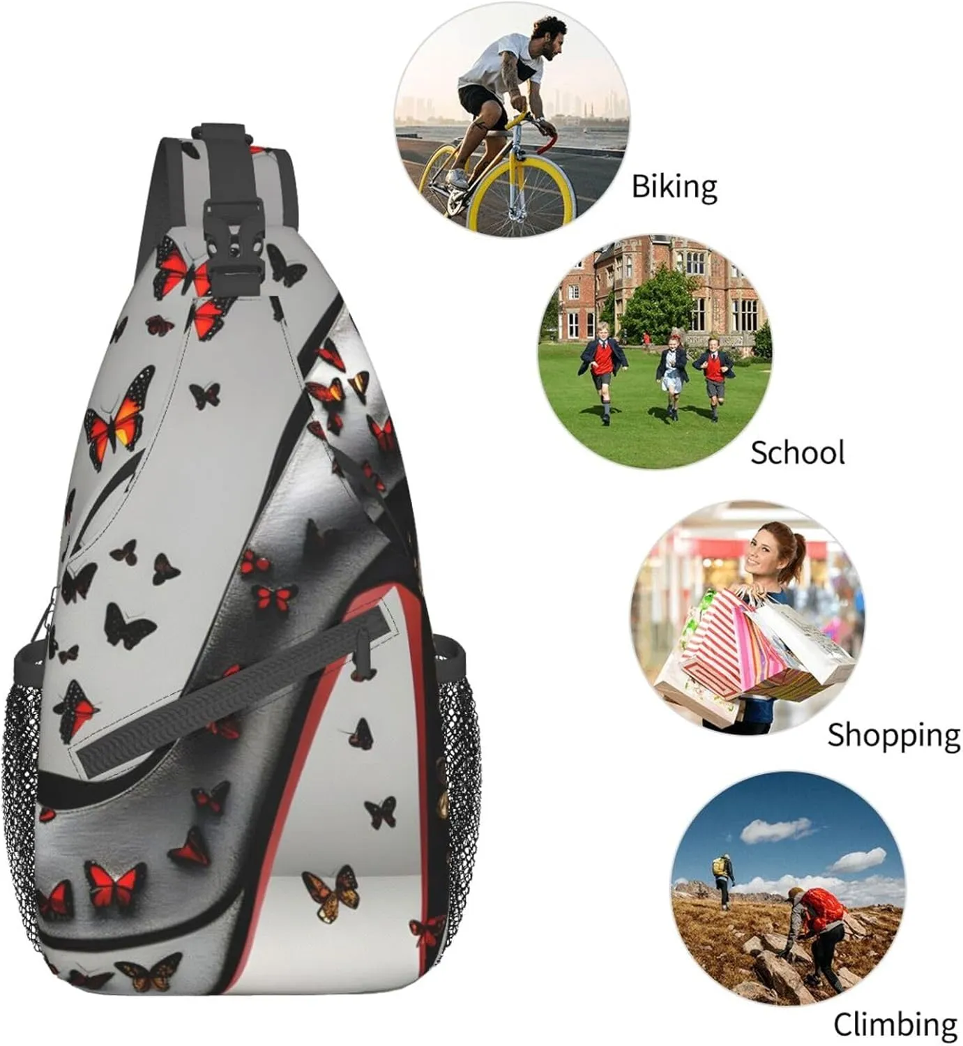 Butterfly High Heel Print Sling Backpack, Sling Bag, Crossbody Chest Bag Daypack, for Hiking Travel