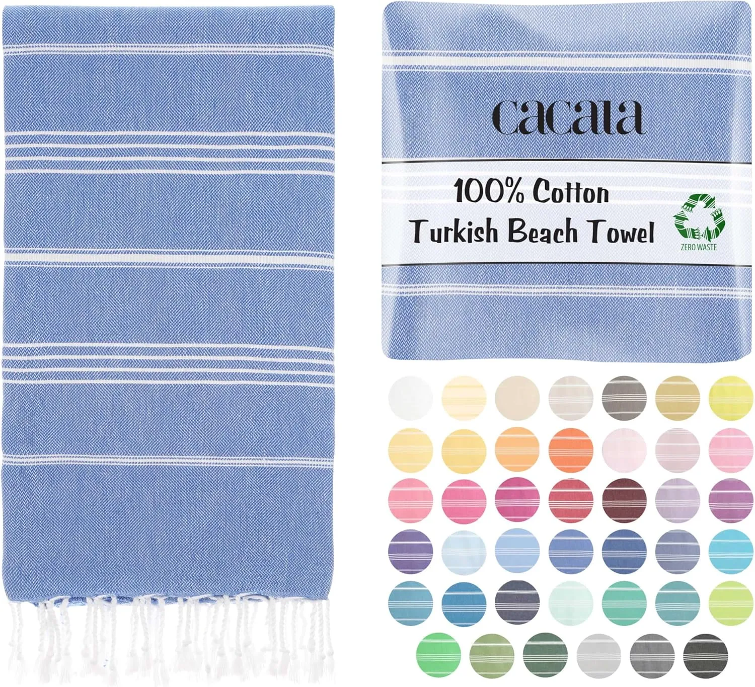 Cacala Lightweight and Thin Turkish Beach Towel 100% Cotton Sand-Free and Quick-Drying Goodness Perfect as an Extra Large Travel Towel, Beach Accessory, or Gift for Beach Lovers, 37 x 70