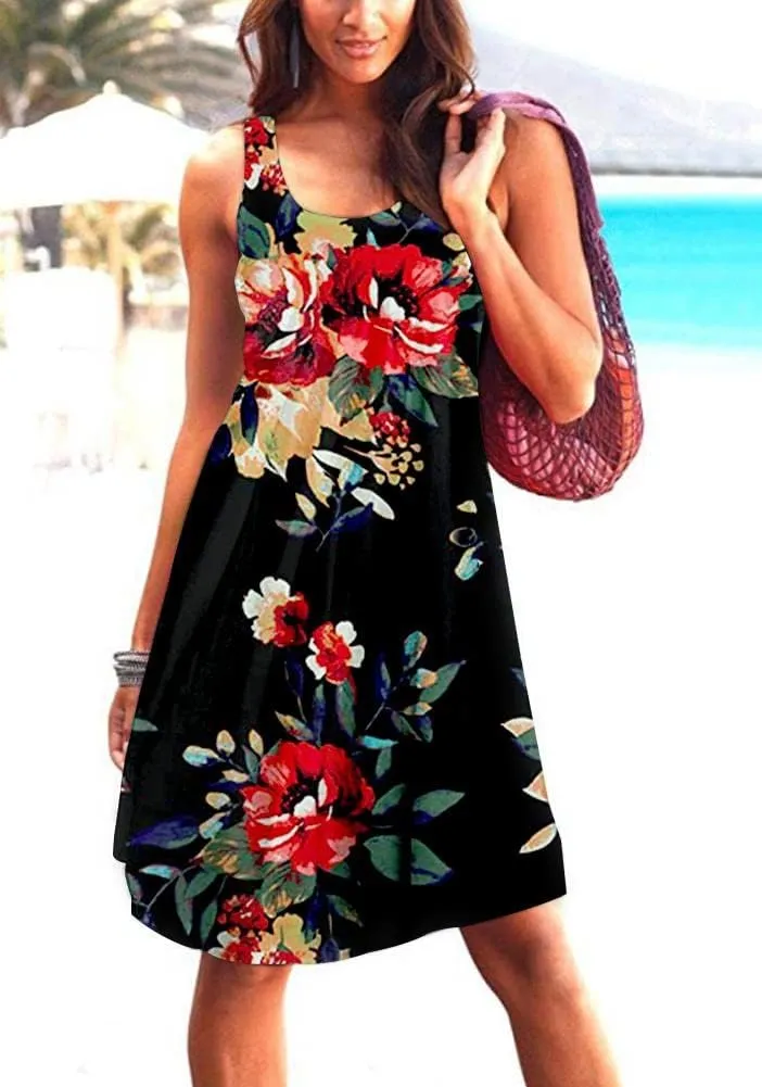 Camisunny Women Casual Loose Tank Dresses Sleeveless Beach Vacation Dress Swing Pleated U Neck Fashion Soft