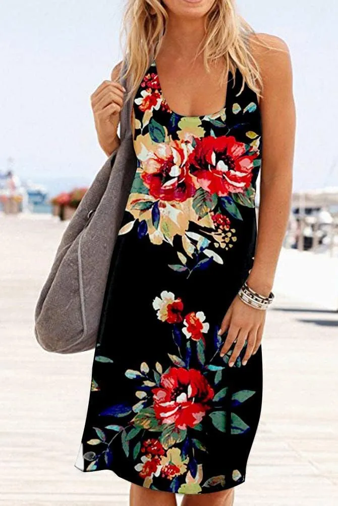 Camisunny Women Casual Loose Tank Dresses Sleeveless Beach Vacation Dress Swing Pleated U Neck Fashion Soft