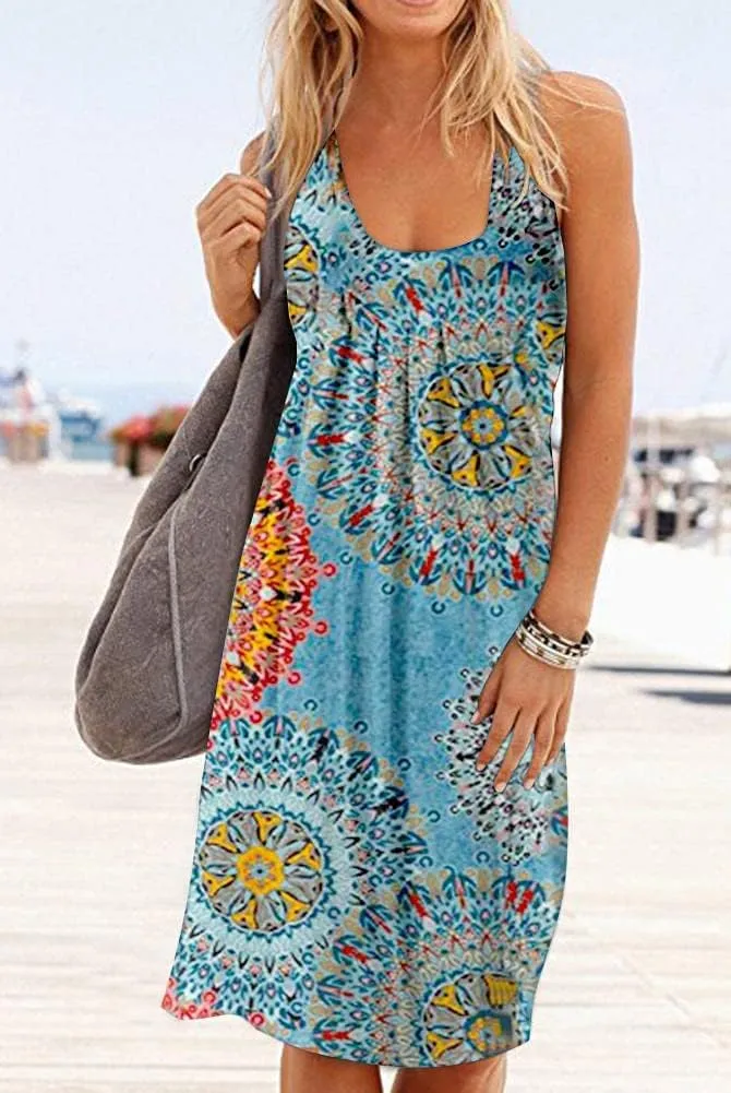 Camisunny Women Casual Loose Tank Dresses Sleeveless Beach Vacation Dress Swing Pleated U Neck Fashion Soft