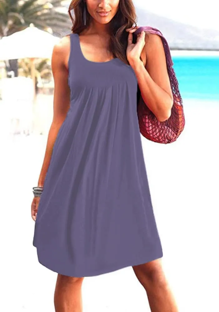 Camisunny Women Casual Loose Tank Dresses Sleeveless Beach Vacation Dress Swing Pleated U Neck Fashion Soft