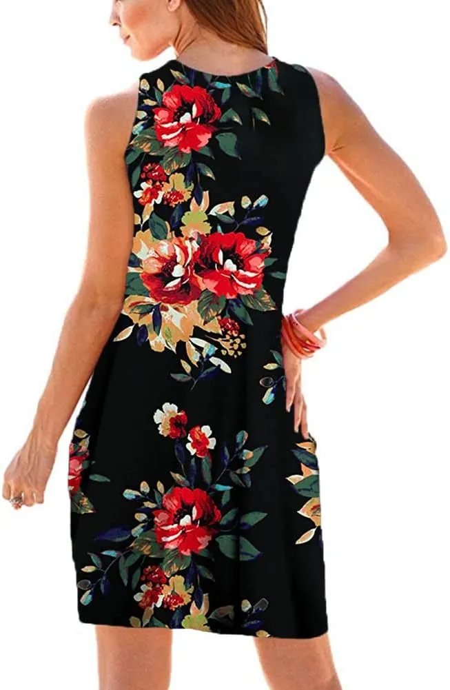 Camisunny Women Casual Loose Tank Dresses Sleeveless Beach Vacation Dress Swing Pleated U Neck Fashion Soft