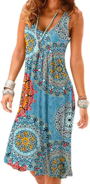 Camisunny Women Casual Loose Tank Dresses Sleeveless Beach Vacation Dress Swing Pleated U Neck Fashion Soft