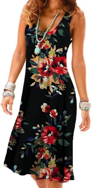 Camisunny Women Casual Loose Tank Dresses Sleeveless Beach Vacation Dress Swing Pleated U Neck Fashion Soft