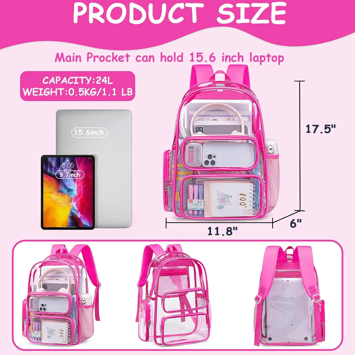 CAMTOP Clear Backpack Heavy Duty Transparent Bag See Through BookBag for Student School Work Festival Sport Travel