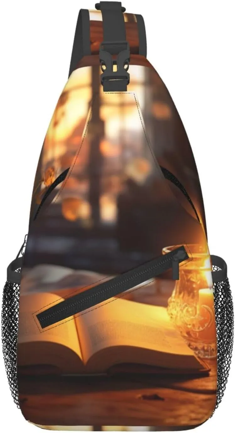 Candlelight night reading print Cross bag, chest crossbody bag, men's casual chest bag travel hiking backpack