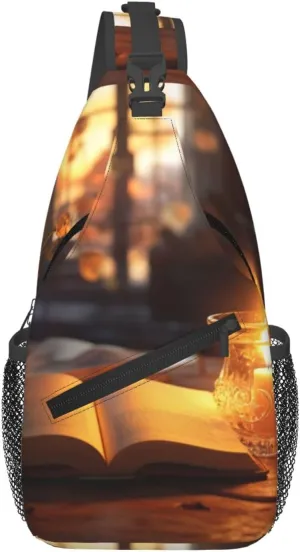 Candlelight night reading print Cross bag, chest crossbody bag, men's casual chest bag travel hiking backpack