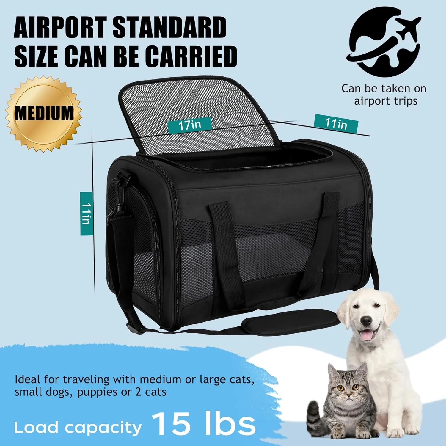 Carriers Soft-Sided Pet Carrier for Cats Dogs Under 15 lbs,TSA Airline Approved with 4 Ventilated Windows(Medium,Black)
