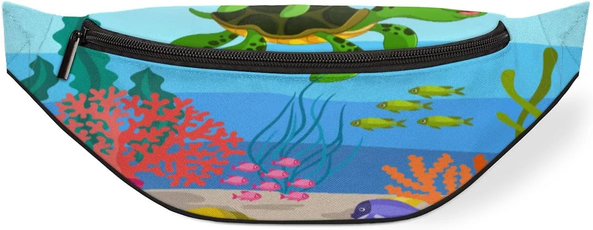 Cartoon Sea Turtle Coral Seaweed Fanny Pack for Women Men Waist Pack Crossbody Bag with Adjustable Belt for Travel Hiking Running Cycling Festivals