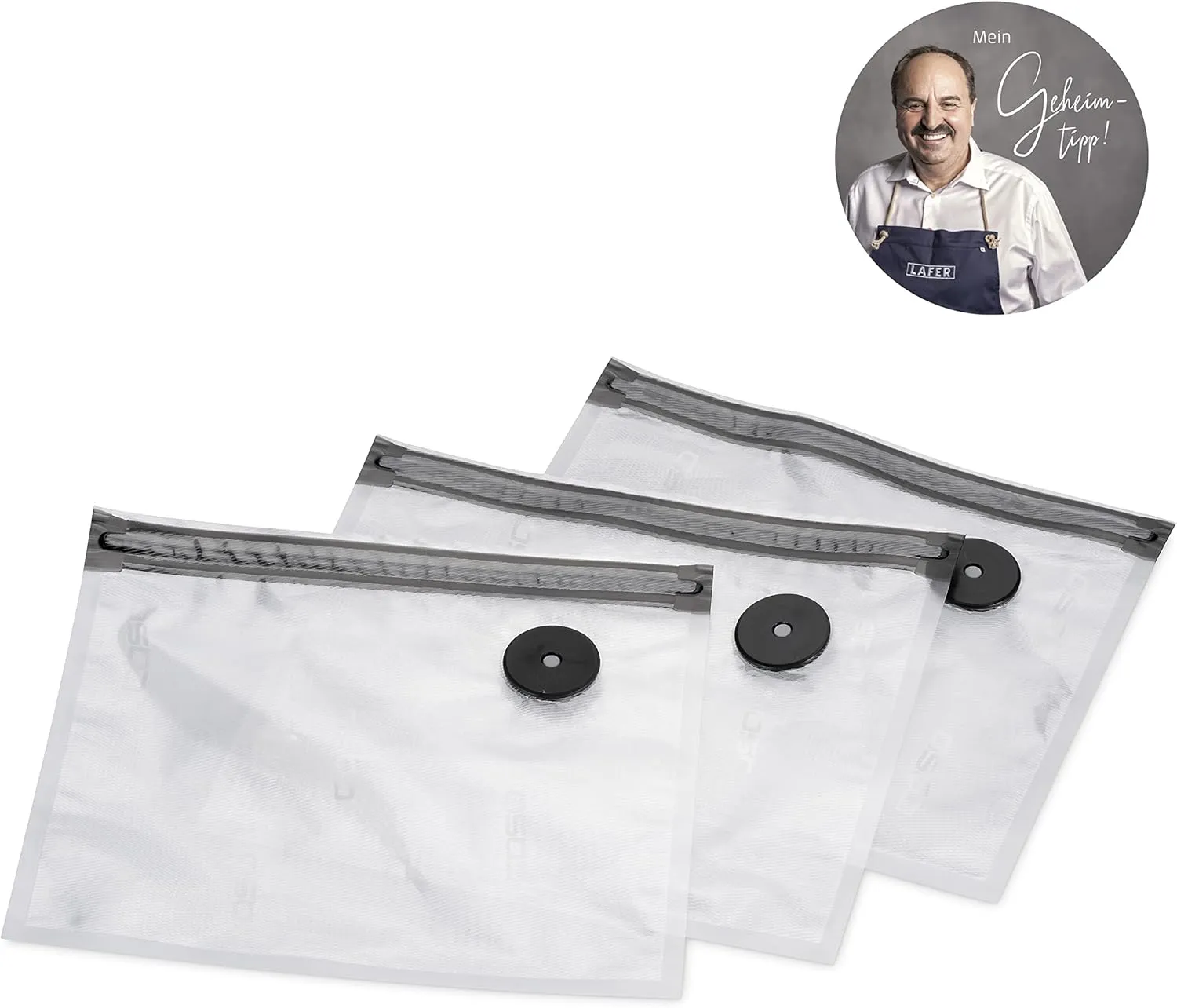 CASO Vacu ZIP-Bags 26 x 23 cm, 20 Bags, SousVide Suitable, BPA-Free, with 150 µm, Extra Strong, Tear-Resistant, Reusable, for Caso (Hand) Vacuum Sealer with Zip Adapter, Includes Food Manager Sticker