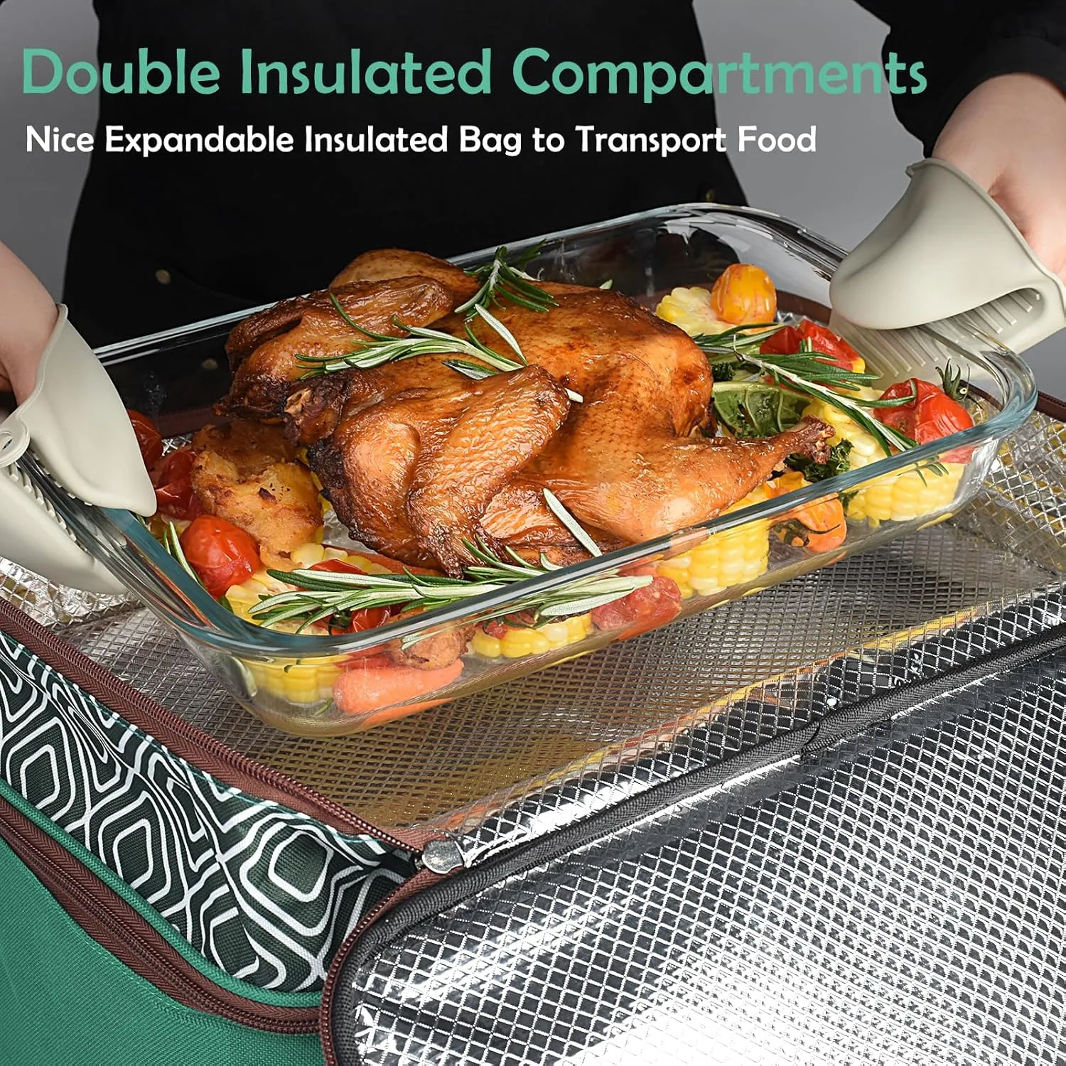 Casserole Carrier for Hot or Cold Food, Double Decker Expandable Food Carrier with Dish Storage,Lasagna Holder Tote for Potluck Parties, Picnic, Beach, Fits 9"x13" Baking Dish (Green)