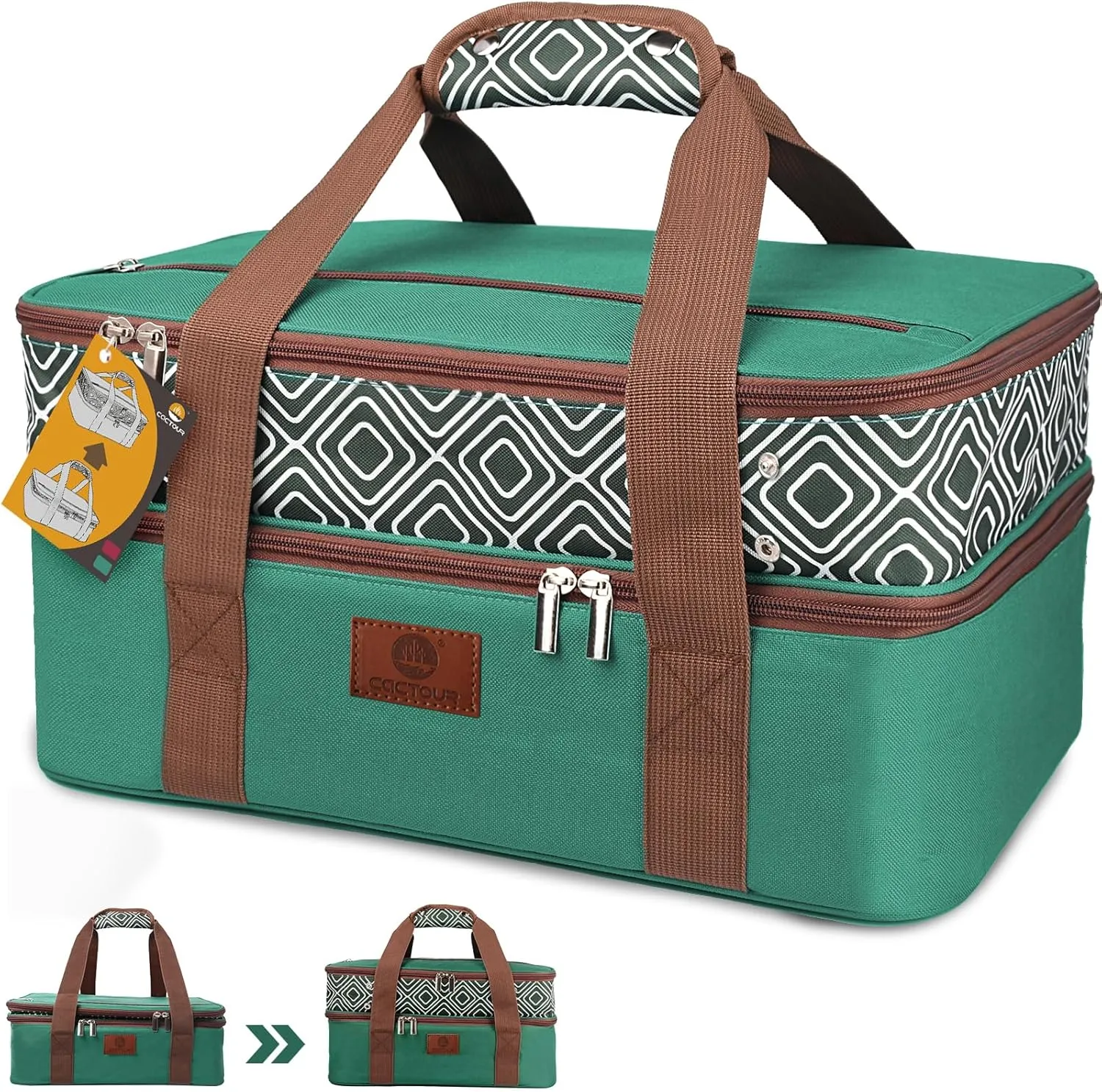 Casserole Carrier for Hot or Cold Food, Double Decker Expandable Food Carrier with Dish Storage,Lasagna Holder Tote for Potluck Parties, Picnic, Beach, Fits 9"x13" Baking Dish (Green)