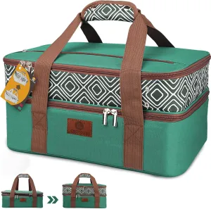 Casserole Carrier for Hot or Cold Food, Double Decker Expandable Food Carrier with Dish Storage,Lasagna Holder Tote for Potluck Parties, Picnic, Beach, Fits 9"x13" Baking Dish (Green)