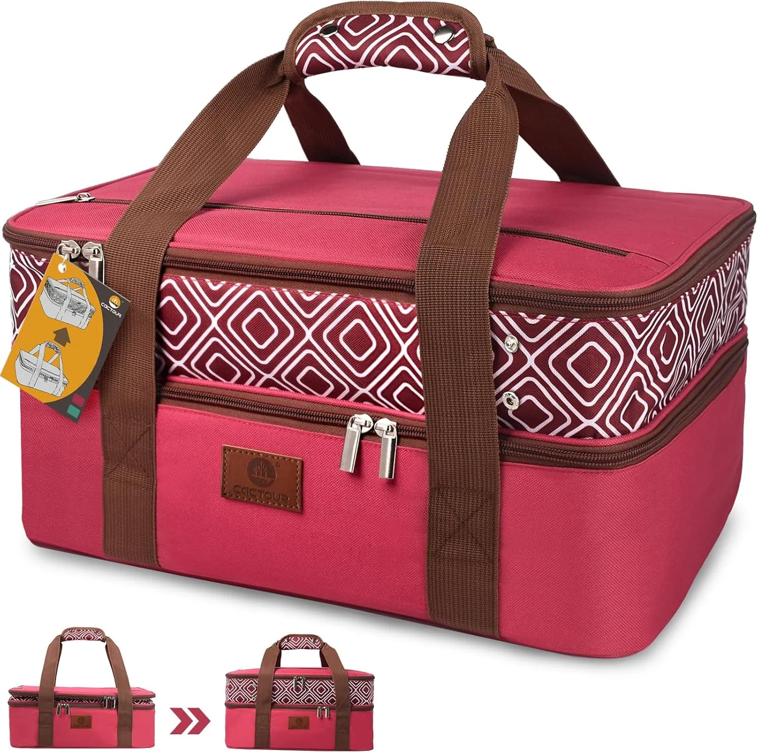 Casserole Carrier for Hot or Cold Food, Double Decker Expandable Food Carrier with Dish Storage,Lasagna Holder Tote for Potluck Parties, Picnic, Beach, Fits 9"x13" Baking Dish (Red)