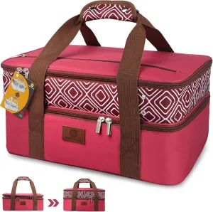 Casserole Carrier for Hot or Cold Food, Double Decker Expandable Food Carrier with Dish Storage,Lasagna Holder Tote for Potluck Parties, Picnic, Beach, Fits 9"x13" Baking Dish (Red)