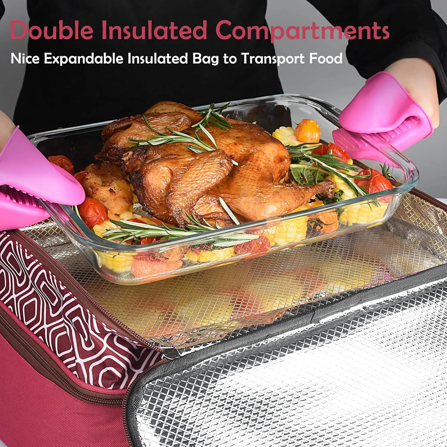 Casserole Carrier for Hot or Cold Food, Double Decker Expandable Food Carrier with Dish Storage,Lasagna Holder Tote for Potluck Parties, Picnic, Beach, Fits 9"x13" Baking Dish (Red)