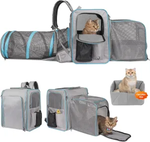 Cat Backpack With Litter Box, Expandable Portable Carrier With Collapsible Tunnel, up to 20 lb for Road Trip, Camping, Hiking, Grey