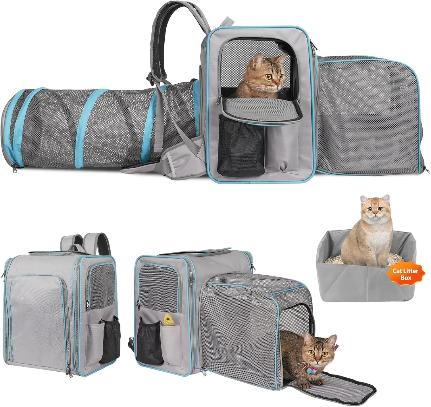 Cat Backpack With Litter Box, Expandable Portable Carrier With Collapsible Tunnel, up to 20 lb for Road Trip, Camping, Hiking, Grey