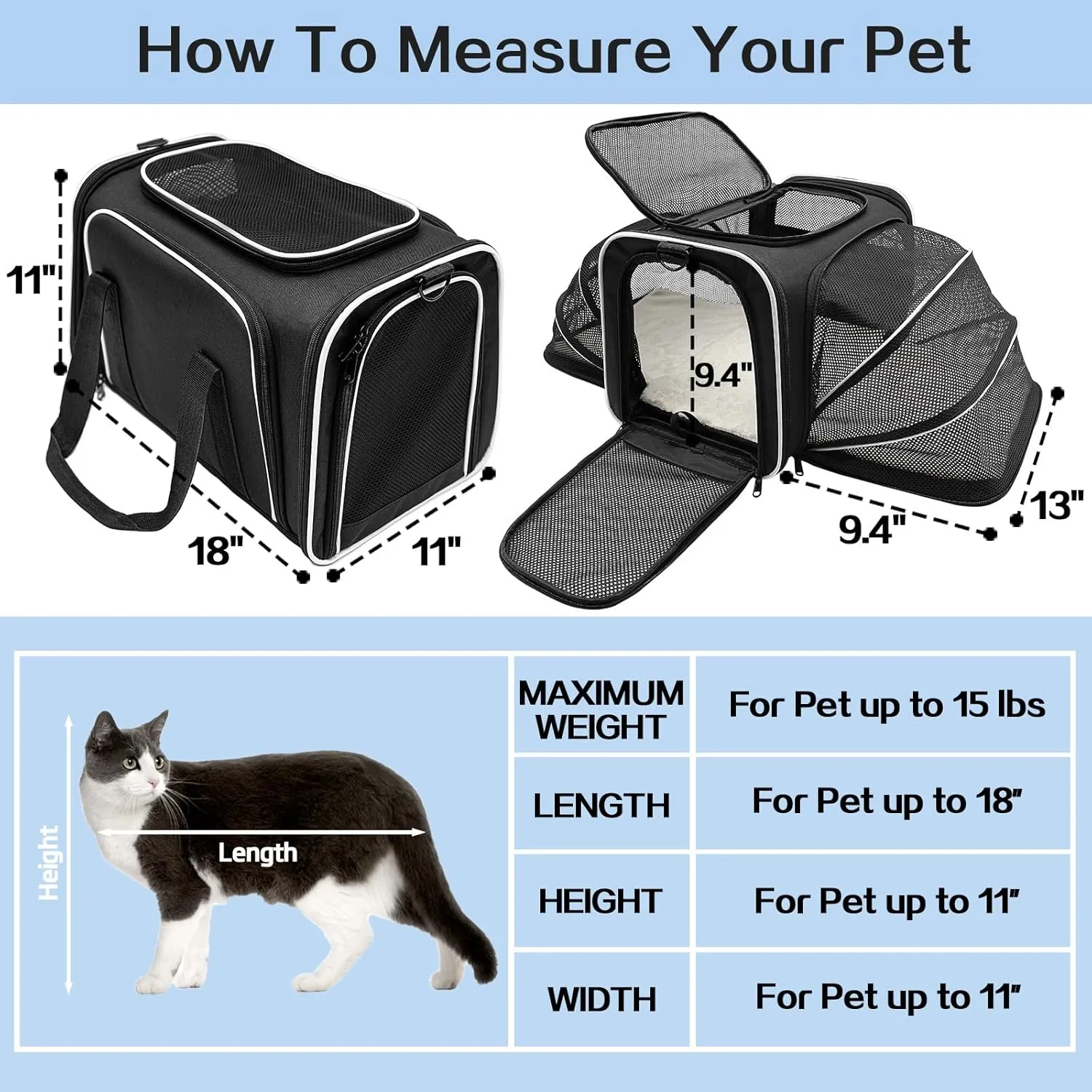 Cat Carrier Airline Approved Pet Carrier, Expandable Foldable Soft-Sided Dog Carrier, 3 Open Doors, 2 Reflective Tapes, Pet Travel Bag Safe and Easy for Cats and Dogs(Black)
