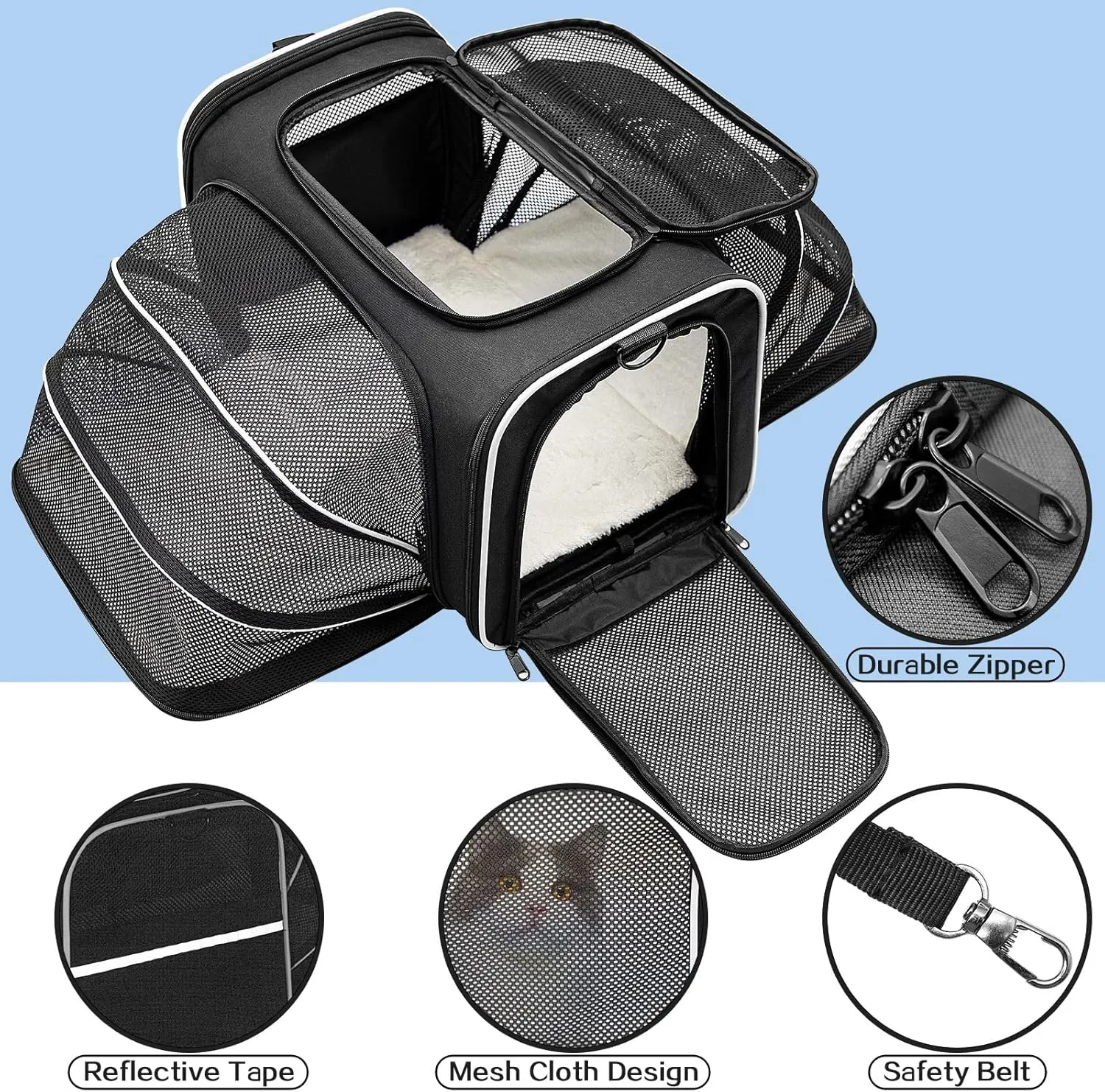 Cat Carrier Airline Approved Pet Carrier, Expandable Foldable Soft-Sided Dog Carrier, 3 Open Doors, 2 Reflective Tapes, Pet Travel Bag Safe and Easy for Cats and Dogs(Black)