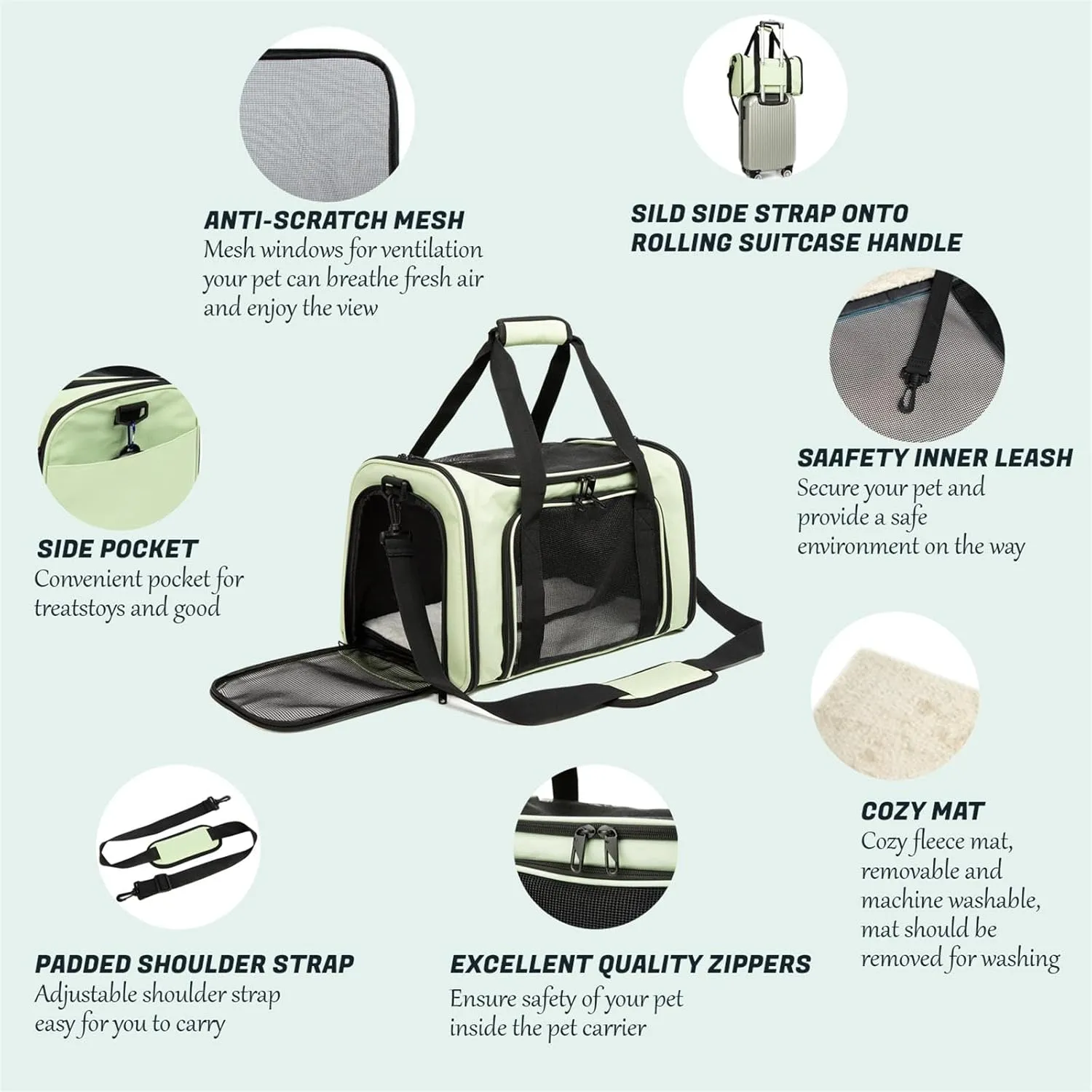 Cat Carrier Dog Carrier Pet Carriers for Medium Small Cats Dogs Puppies up to 15 Lbs,TSA Airline Approved Small Dog Cat Carriers Soft Sided,Collapsible Travel Puppy Carrier (Green, Large)