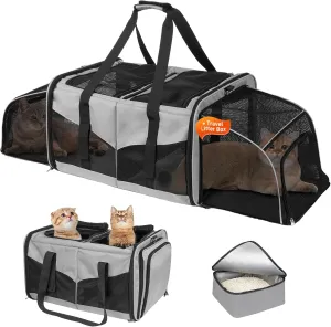 Cat Carrier for 2 Cats, Cat Travel Carrier with Litter Box, Portable 2-in-1 Double Pet Carrier for Car Travel Long Distance, Grey