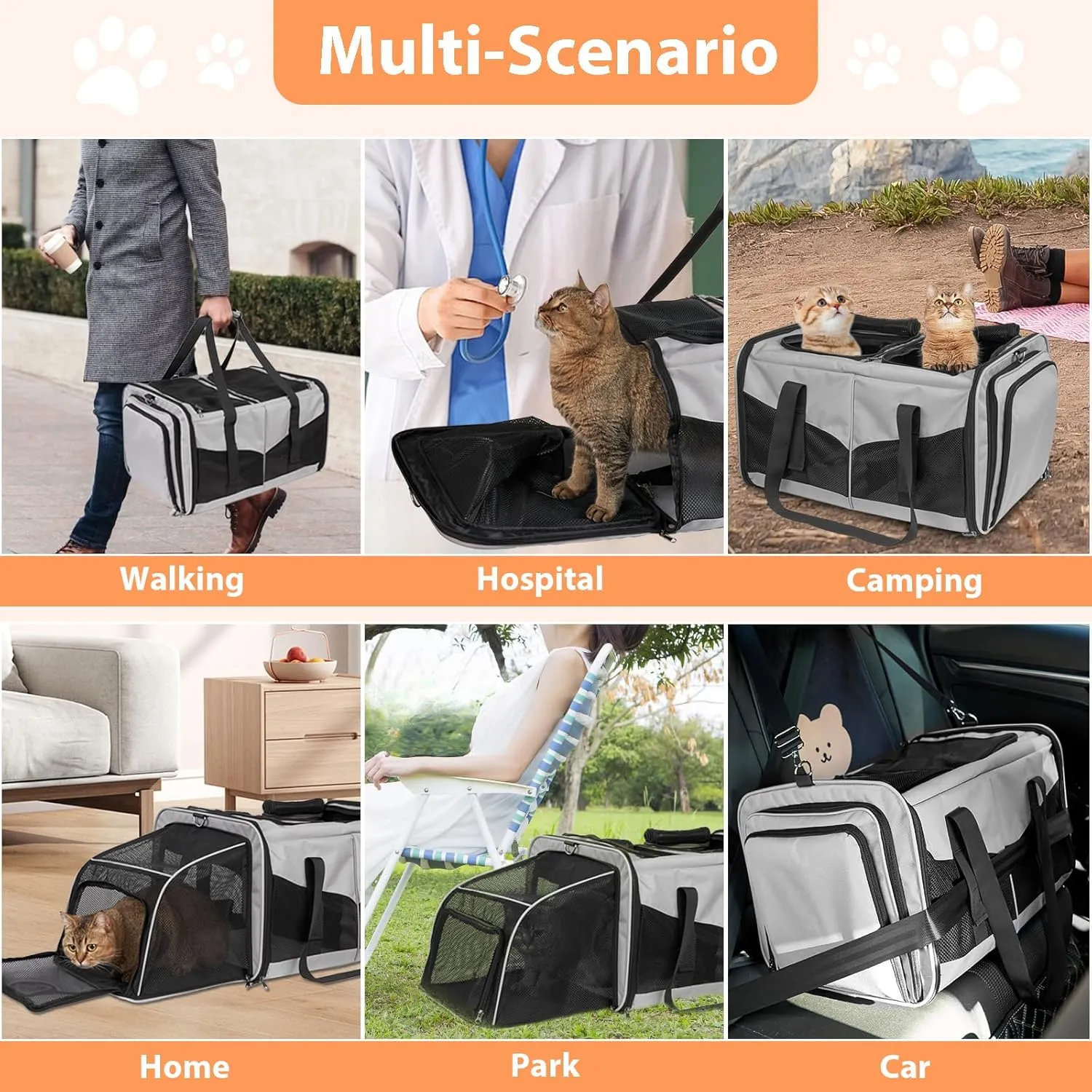 Cat Carrier for 2 Cats, Cat Travel Carrier with Litter Box, Portable 2-in-1 Double Pet Carrier for Car Travel Long Distance, Grey