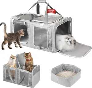 Cat Carrier for 2 Cats - Large Cat Carrier with Litter Box for Car Travel, Portable 2-in-1 Double Pet Carrier for 2 Cats for Long Road Trips, Camping, Hiking
