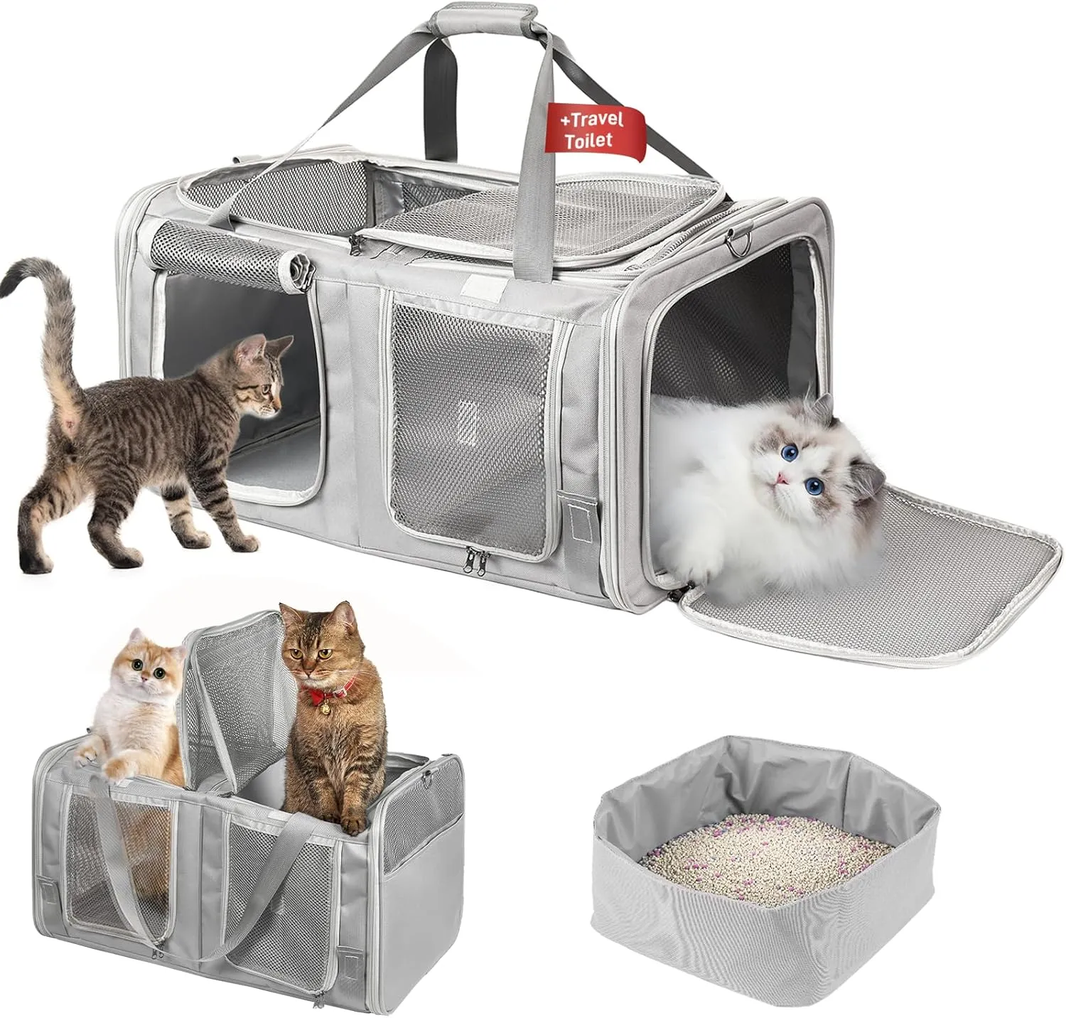 Cat Carrier for 2 Cats - Large Cat Carrier with Litter Box for Car Travel, Portable 2-in-1 Double Pet Carrier for 2 Cats for Long Road Trips, Camping, Hiking