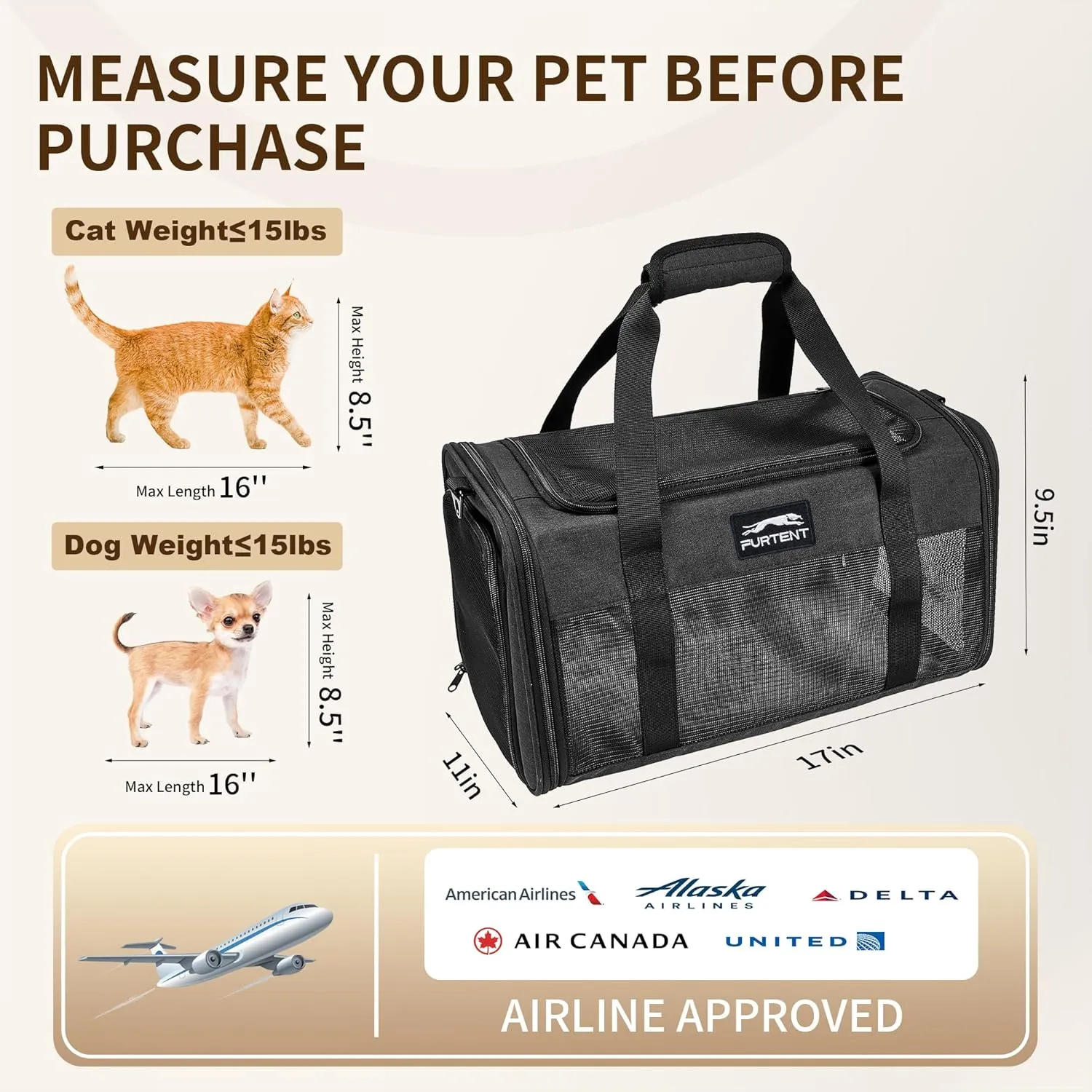 Cat Carrier with Foldable Litter Box for Kitten and Small Dogs Medium Animal Rabbit Puppy Soft Pet Carrier Portable Airline Approved, Travel for Comfort - Fits Pets Up to 15 lbs - Black