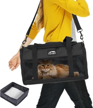 Cat Carrier with Foldable Litter Box for Kitten and Small Dogs Medium Animal Rabbit Puppy Soft Pet Carrier Portable Airline Approved, Travel for Comfort - Fits Pets Up to 15 lbs - Black