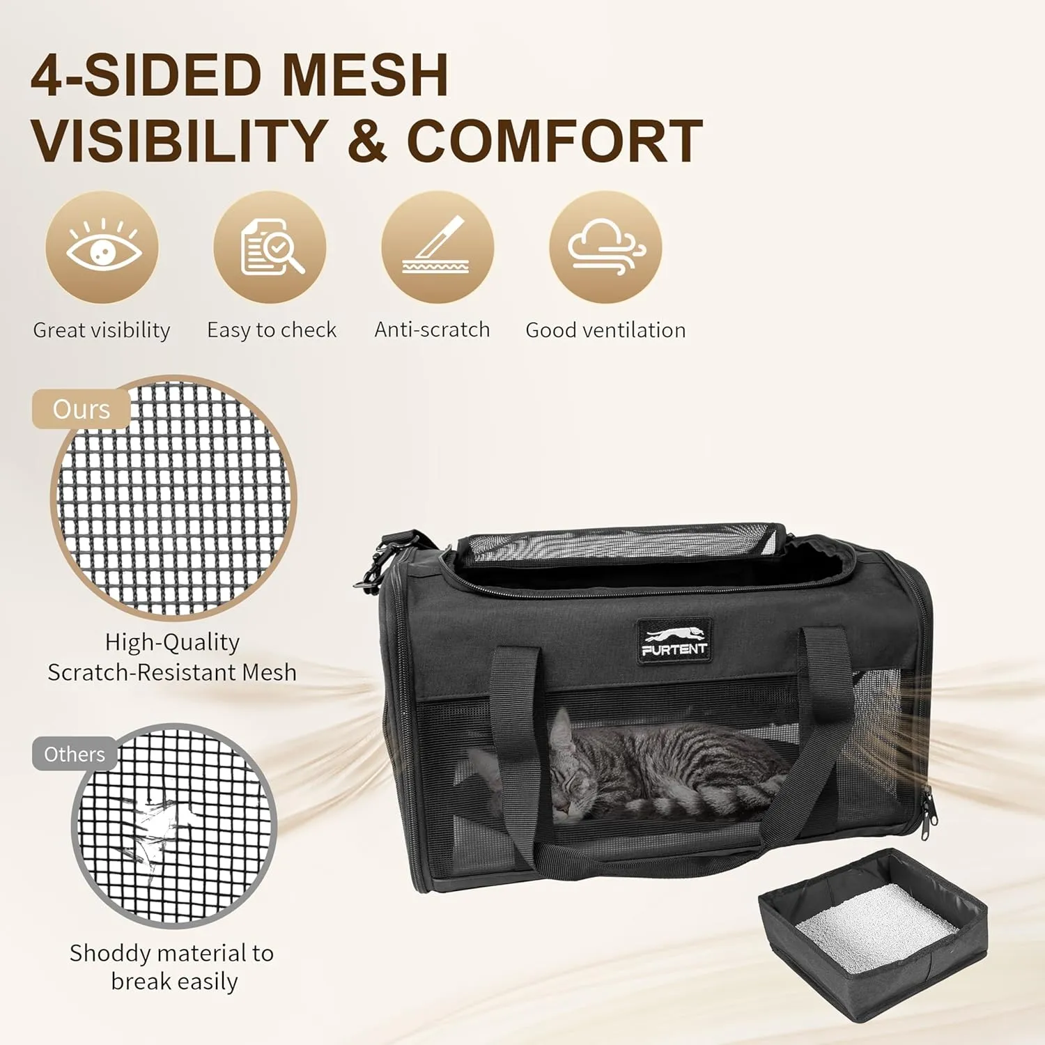Cat Carrier with Foldable Litter Box for Kitten and Small Dogs Medium Animal Rabbit Puppy Soft Pet Carrier Portable Airline Approved, Travel for Comfort - Fits Pets Up to 15 lbs - Black
